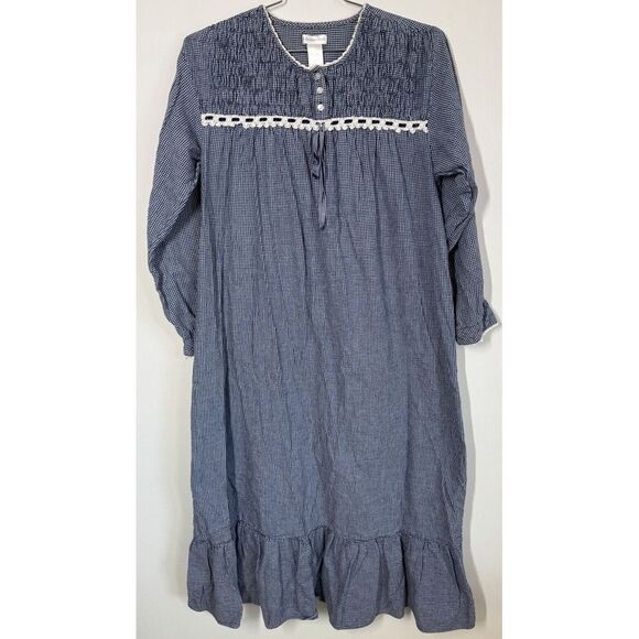 Vintage Sears Fundamentals Flannel Granny Night Gown Size M Smocked‎ Blue Check - Picture 1 of 9